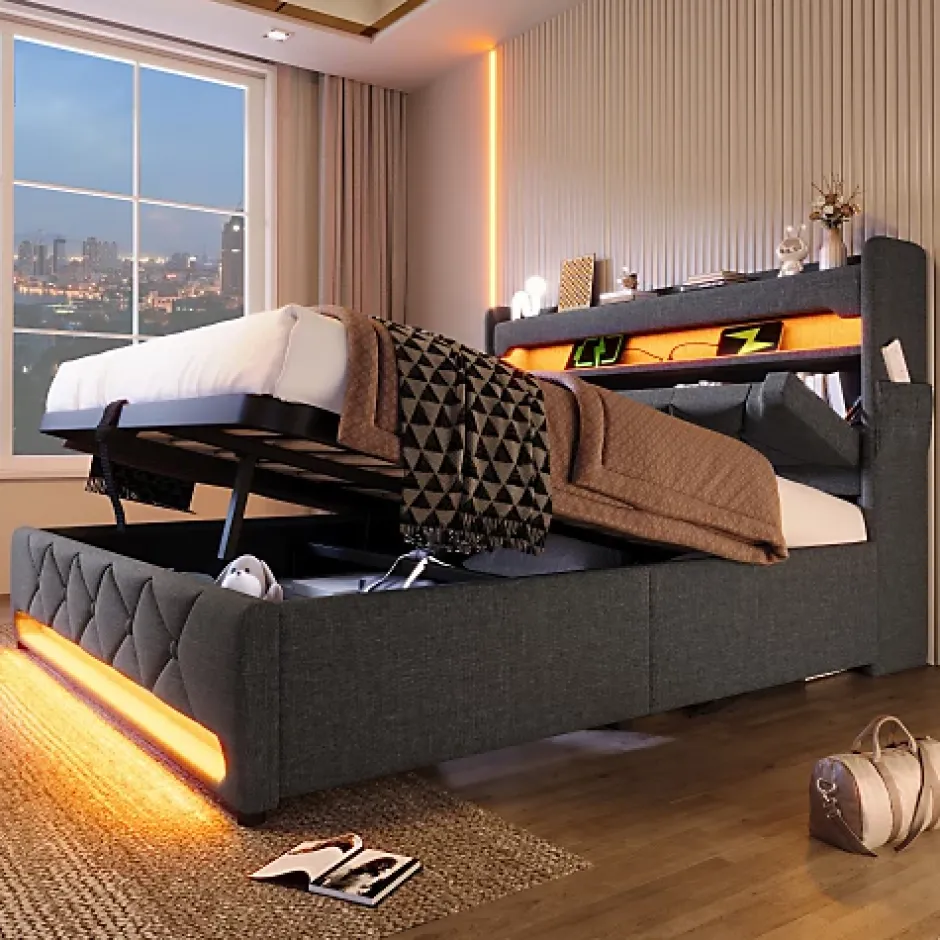 ModernLuxe Lit coffre capitonné 160x200cm avec LED et Ports de charge USB - tissu en Lin - tête de lit avec espace de rangement - Gris Sale