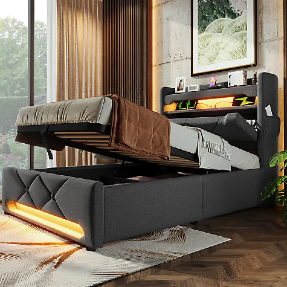 ModernLuxe Lit coffre capitonné 90x200cm avec LED et ports de charge USB - tissu en Lin - tête de lit avec espace de rangement - Gris