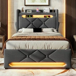 ModernLuxe Lit coffre capitonné 90x200cm avec LED et ports de charge USB - tissu en Lin - tête de lit avec espace de rangement - Gris