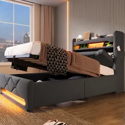 ModernLuxe Lit coffre capitonné 90x200cm avec LED et ports de charge USB - tissu en Lin - tête de lit avec espace de rangement - Gris