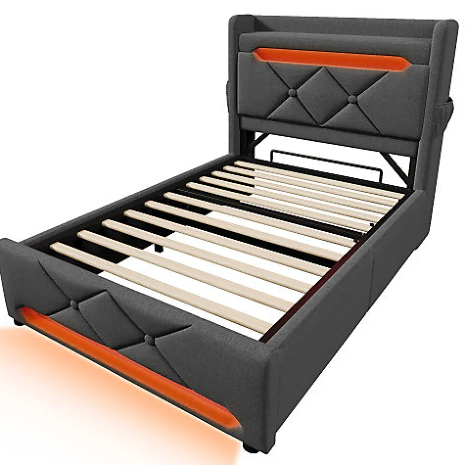ModernLuxe Lit coffre capitonné 90x200cm avec LED et ports de charge USB - tissu en Lin - tête de lit avec espace de rangement - Gris