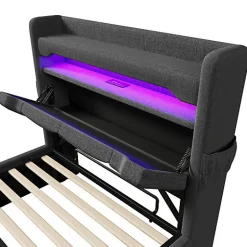 ModernLuxe Lit coffre capitonné 90x200cm avec LED et ports de charge USB - tissu en Lin - tête de lit avec espace de rangement - Gris