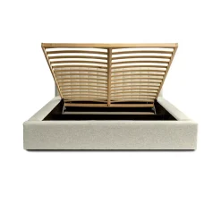 Meublorama Lit coffre CERVIN Taupe sablé bouclé 180x200 cm Sommier relevable Design haut de gamme Discount
