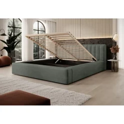 Meublorama Lit coffre CERVIN Velours doux Sauge Nocturne 180x200 cm Sommier relevable Design élégant Outlet