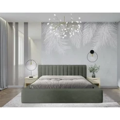 Meublorama Lit coffre CERVIN Velours doux Sauge Nocturne 180x200 cm Sommier relevable Design élégant Outlet