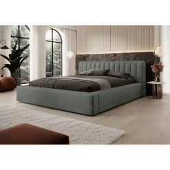 Meublorama Lit coffre CERVIN Velours doux Sauge Nocturne 180x200 cm Sommier relevable Design élégant Outlet
