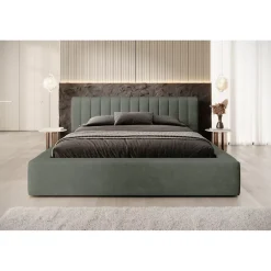Meublorama Lit coffre CERVIN Velours doux Sauge Nocturne 180x200 cm Sommier relevable Design élégant Outlet