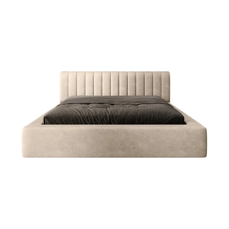 Meublorama Lit coffre CERVIN Velours doux Nude Sablé 180x200 cm Sommier relevable Design élégant