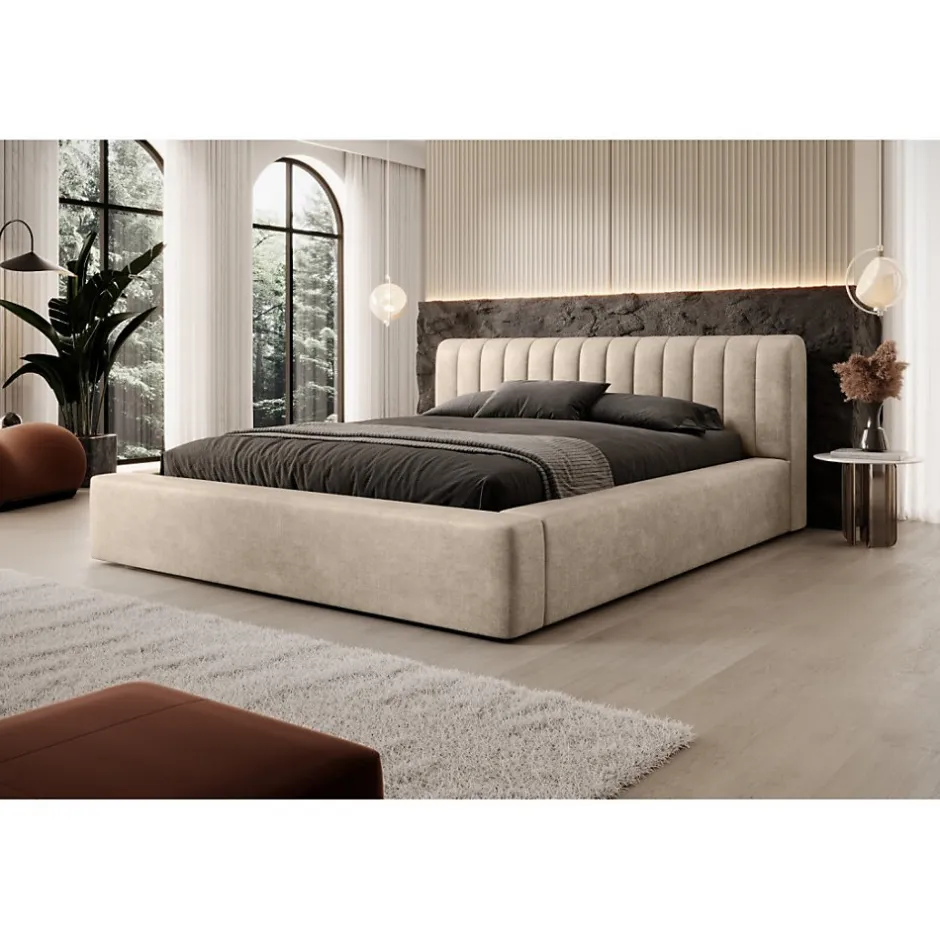 Meublorama Lit coffre CERVIN Velours doux Nude Sablé 180x200 cm Sommier relevable Design élégant