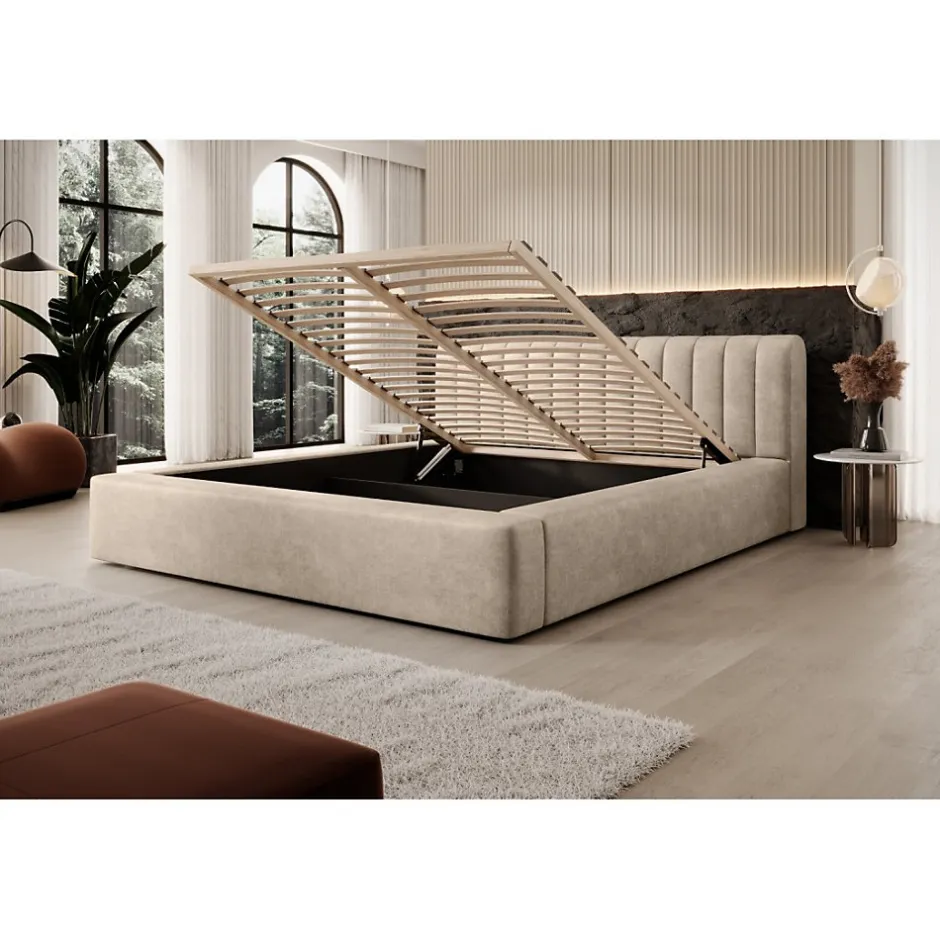 Meublorama Lit coffre CERVIN Velours doux Nude Sablé 180x200 cm Sommier relevable Design élégant