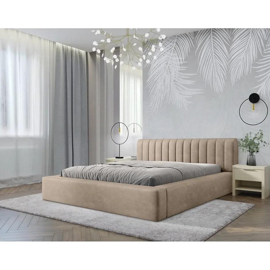 Meublorama Lit coffre CERVIN Velours doux Nude Sablé 180x200 cm Sommier relevable Design élégant