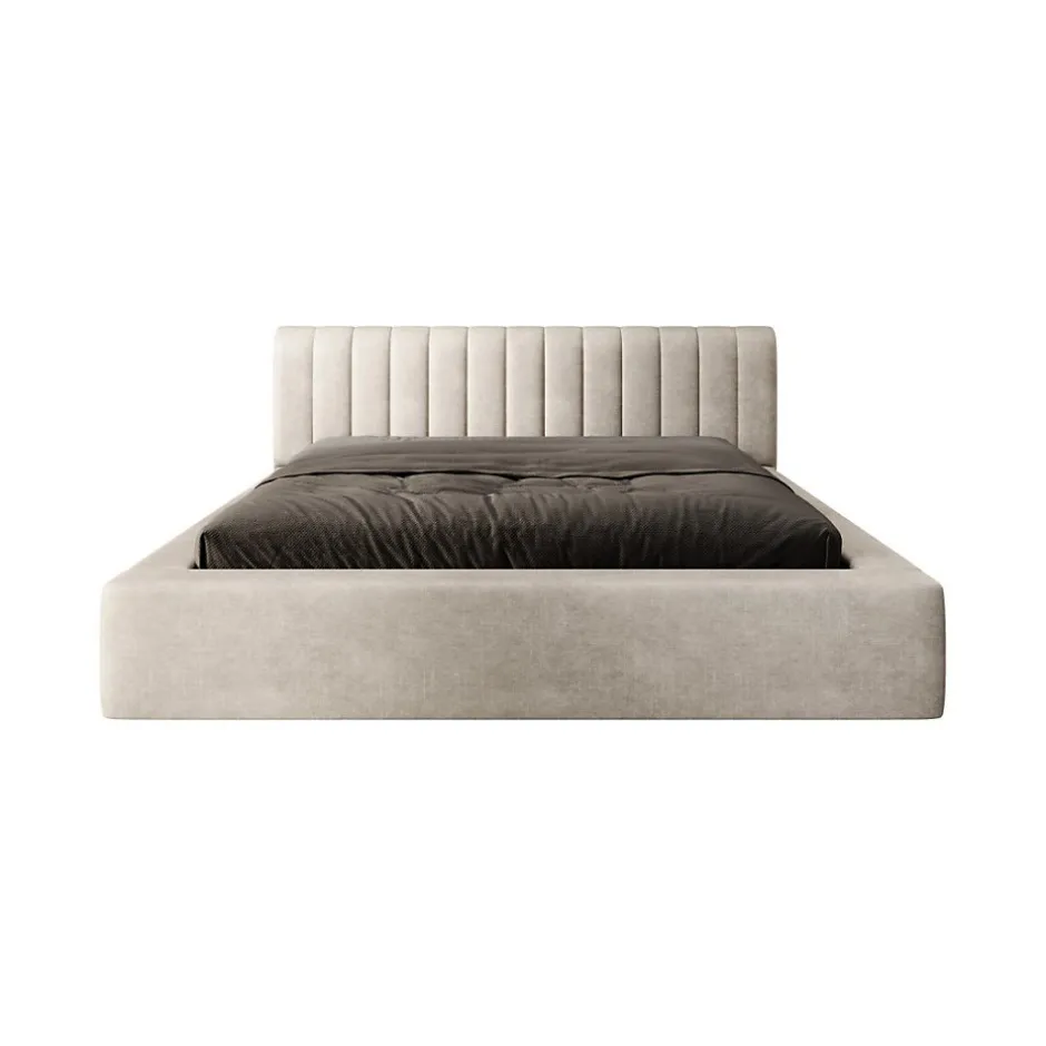 Meublorama Lit coffre CERVIN Velours doux Lin naturel 180x200 cm Sommier relevable Design élégant
