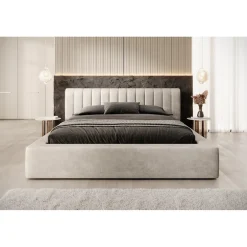 Meublorama Lit coffre CERVIN Velours doux Lin naturel 180x200 cm Sommier relevable Design élégant