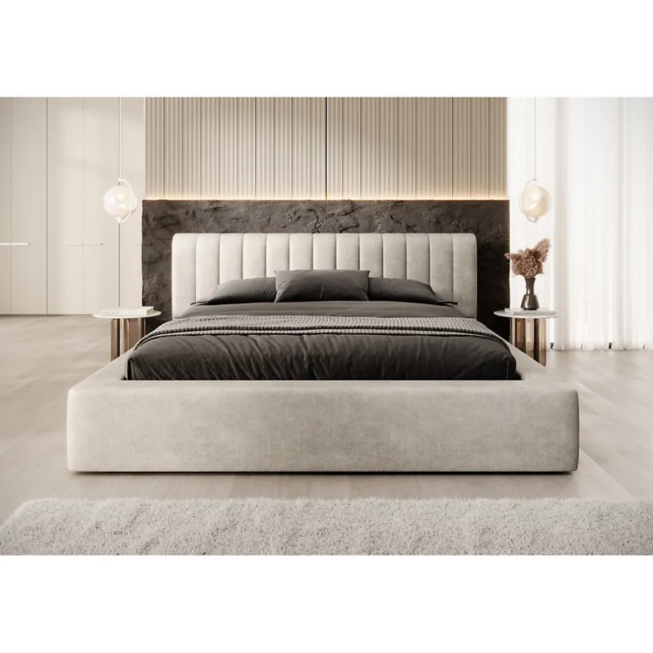 Meublorama Lit coffre CERVIN Velours doux Lin naturel 180x200 cm Sommier relevable Design élégant