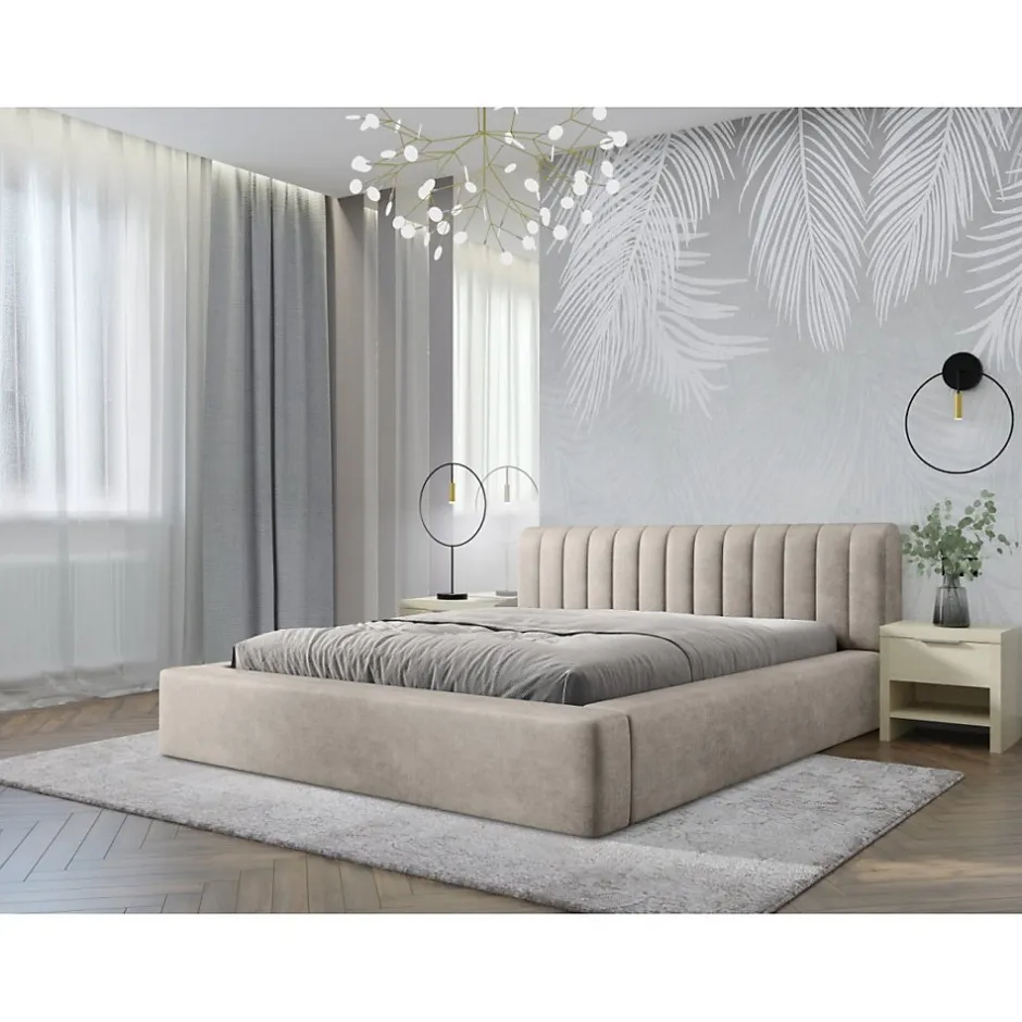 Meublorama Lit coffre CERVIN Velours doux Lin naturel 180x200 cm Sommier relevable Design élégant