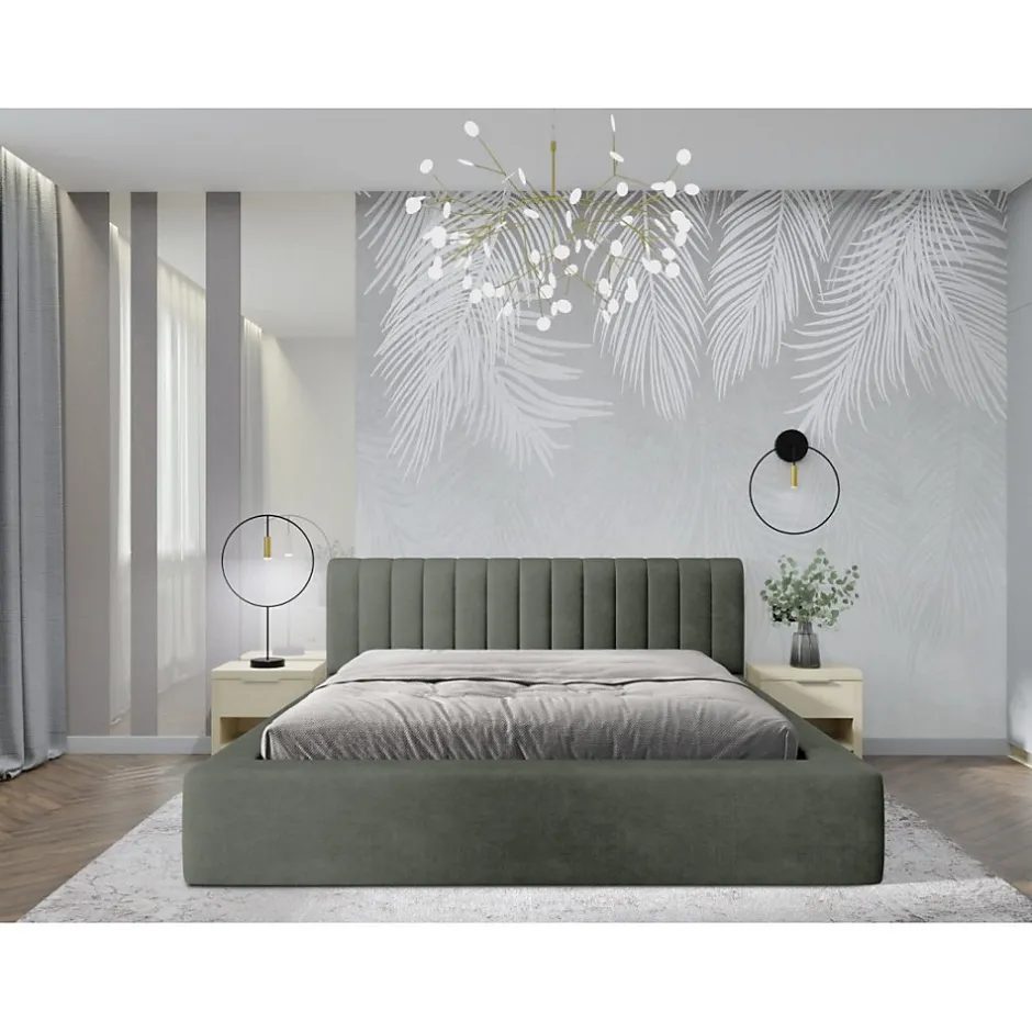 Meublorama Lit coffre CERVIN Velours doux Sauge Nocturne 140x200 cm Sommier relevable Design élégant