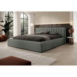 Meublorama Lit coffre CERVIN Velours doux Sauge Nocturne 140x200 cm Sommier relevable Design élégant