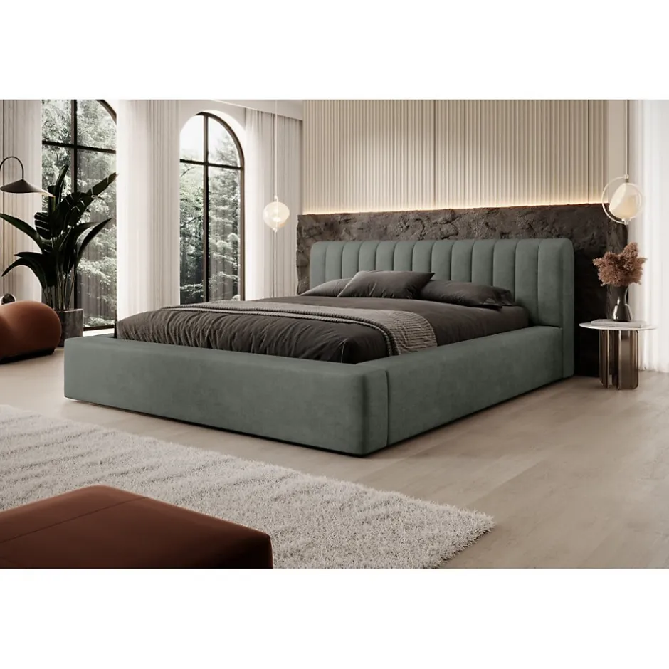 Meublorama Lit coffre CERVIN Velours doux Sauge Nocturne 140x200 cm Sommier relevable Design élégant