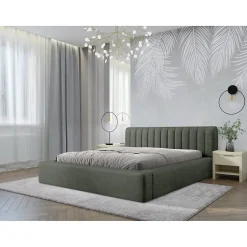 Meublorama Lit coffre CERVIN Velours doux Sauge Nocturne 140x200 cm Sommier relevable Design élégant
