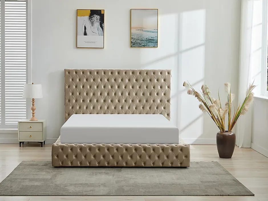 Vente-unique Lit coffre chesterfield 160 x 200 cm - Velours - Taupe + Matelas - DULENI Clearance