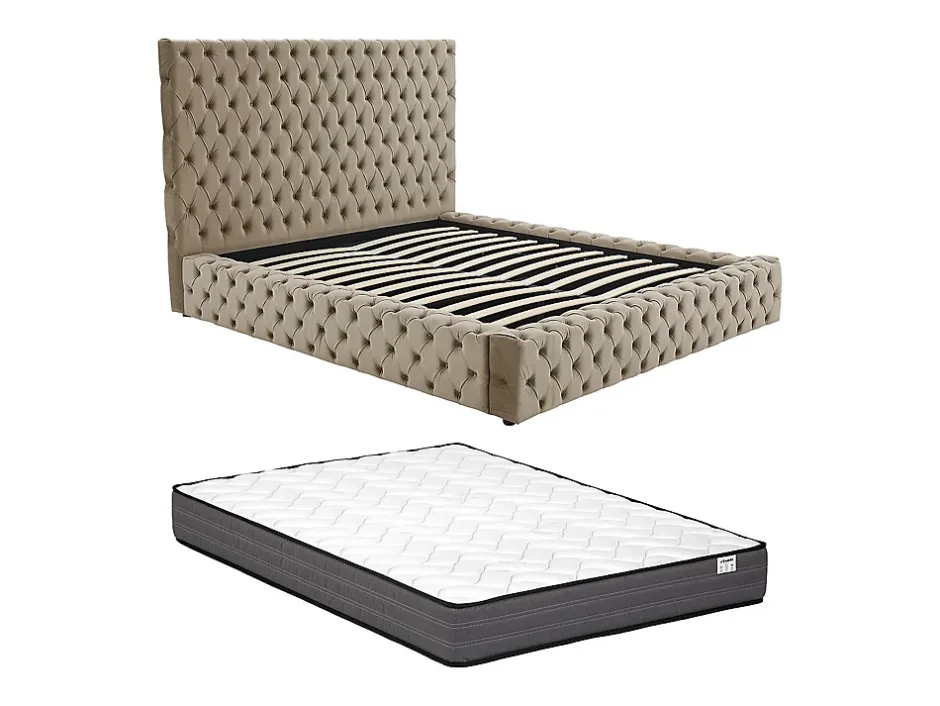 Vente-unique Lit coffre chesterfield 160 x 200 cm - Velours - Taupe + Matelas - DULENI Clearance