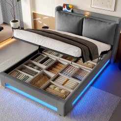 Okwish Lit Coffre Double Adulte160x200 cm - Lit Capitonné Lin avec Rangement, LED, USB-C - Moderne avec Coussins Amovibles, Gris Foncé Outlet