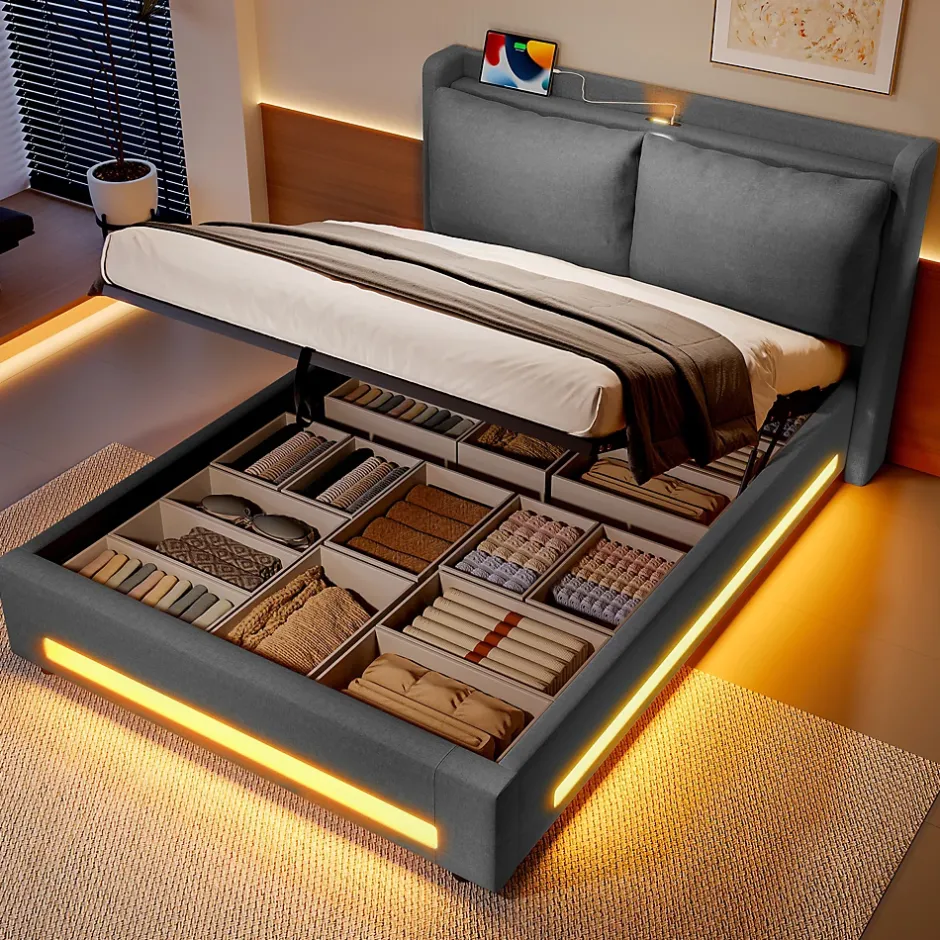 Okwish Lit Coffre Double Adulte160x200 cm - Lit Capitonné Lin avec Rangement, LED, USB-C - Moderne avec Coussins Amovibles, Gris Foncé Outlet