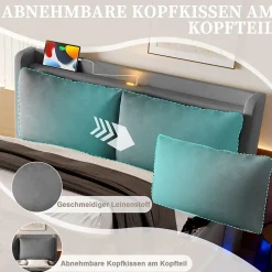 Okwish Lit Coffre Double Adulte160x200 cm - Lit Capitonné Lin avec Rangement, LED, USB-C - Moderne avec Coussins Amovibles, Gris Foncé Outlet