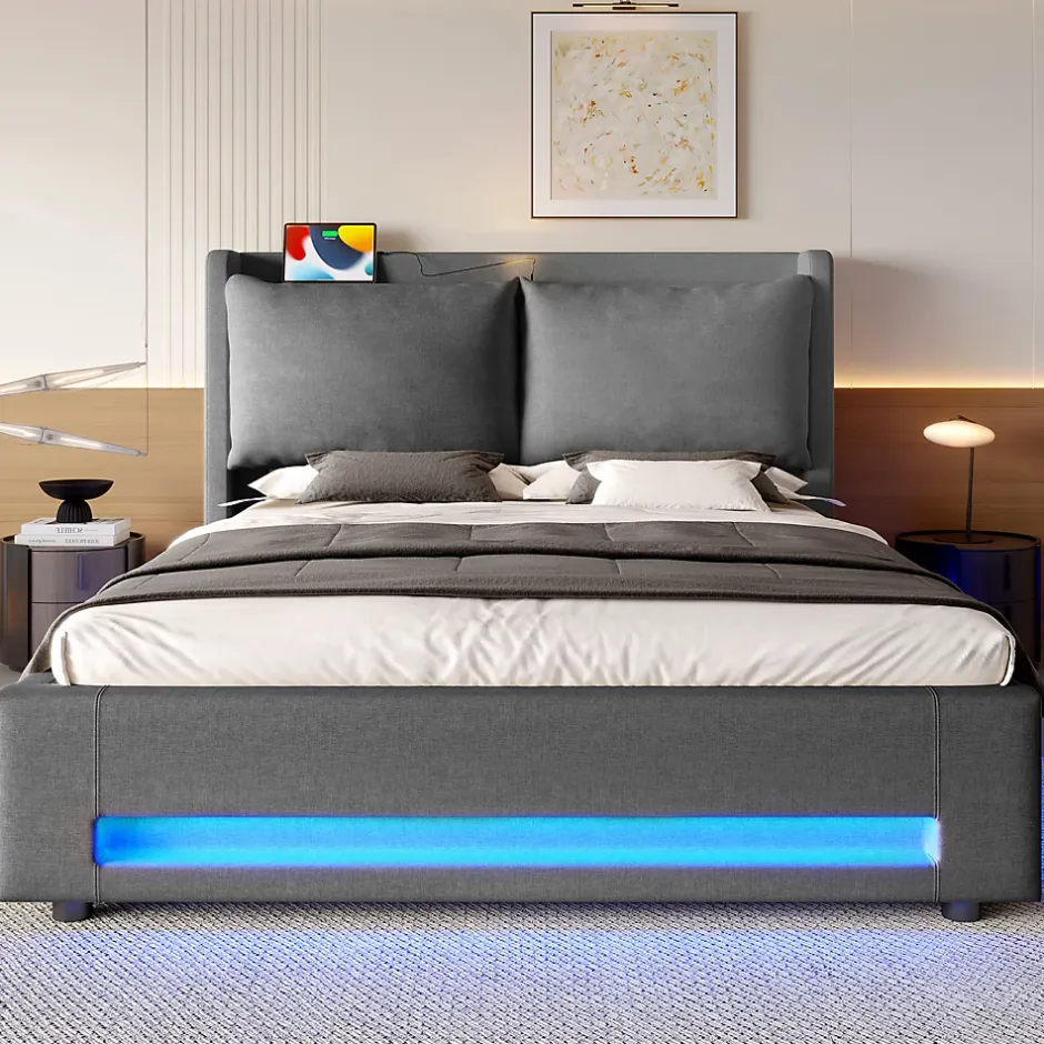 Okwish Lit Coffre Double Adulte160x200 cm - Lit Capitonné Lin avec Rangement, LED, USB-C - Moderne avec Coussins Amovibles, Gris Foncé Outlet