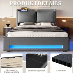 Okwish Lit Coffre Double Adulte160x200 cm - Lit Capitonné Lin avec Rangement, LED, USB-C - Moderne avec Coussins Amovibles, Gris Foncé Outlet