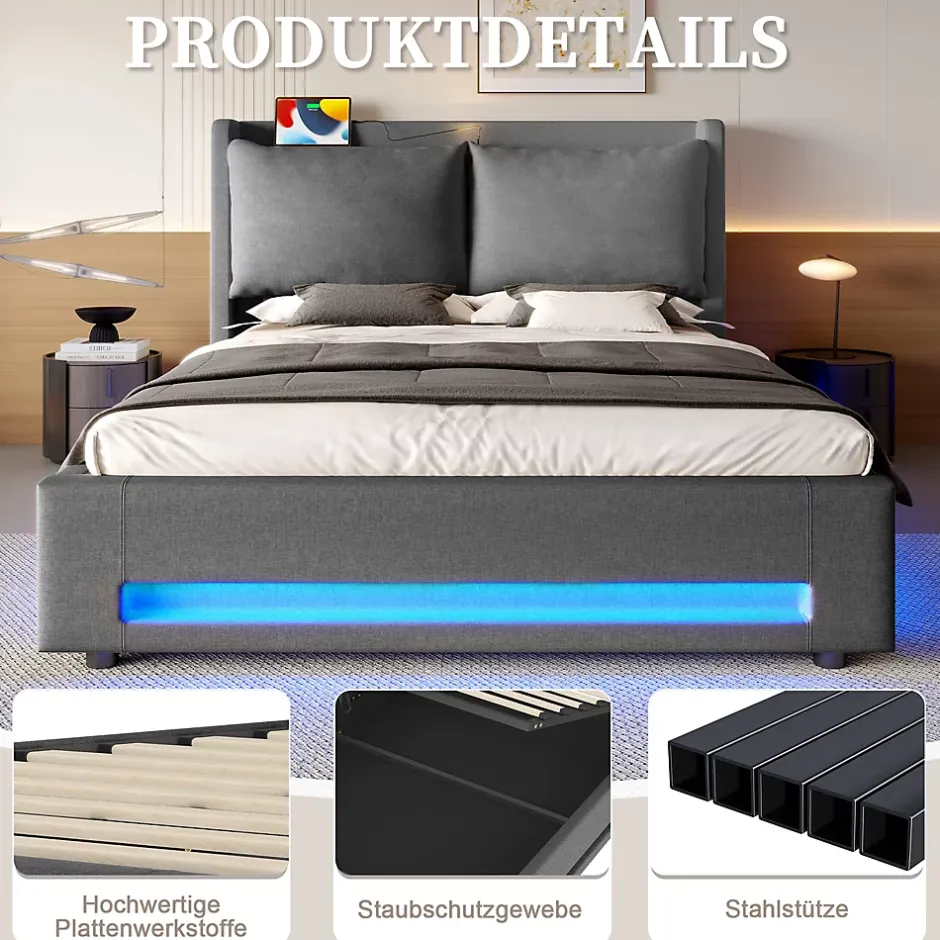 Okwish Lit Coffre Double Adulte160x200 cm - Lit Capitonné Lin avec Rangement, LED, USB-C - Moderne avec Coussins Amovibles, Gris Foncé Outlet