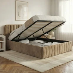 IDMarket Lit coffre double ALBA avec tête de lit et sommier 140 x 190 cm velours taupe