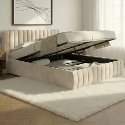 IDMarket Lit coffre double ALBA avec tête de lit et sommier 140 x 190 cm velours beige