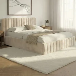 IDMarket Lit coffre double ALBA avec tête de lit et sommier 140 x 190 cm velours beige