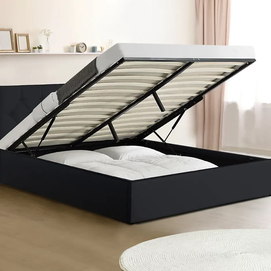IDMarket Lit coffre double AUSTIN avec tête de lit et sommier 140 x 190 cm PVC noir Discount