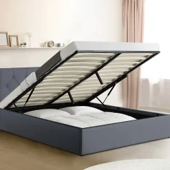 IDMarket Lit coffre double AUSTIN avec tête de lit et sommier 160 x 200 cm PVC gris Outlet
