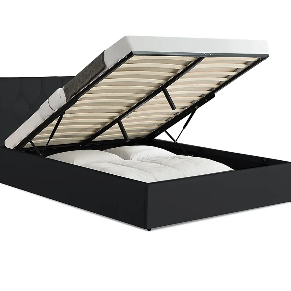 IDMarket Lit coffre double AUSTIN avec tête de lit et sommier 160 x 200 cm PVC noir Discount