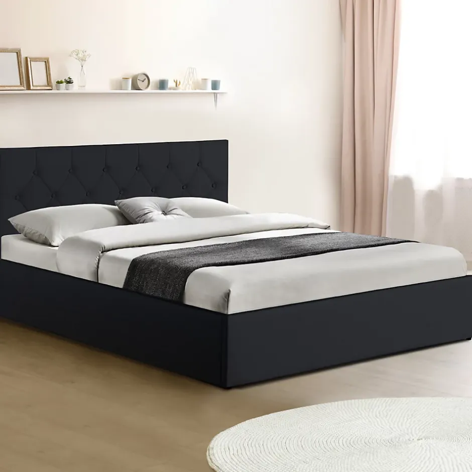 IDMarket Lit coffre double AUSTIN avec tête de lit et sommier 160 x 200 cm PVC noir Discount