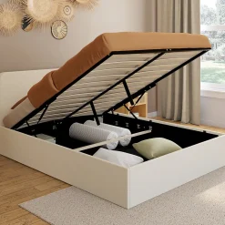IDMarket Lit coffre double BRADFORD avec tête de lit et sommier 140 x 190 cm tissu bouclette