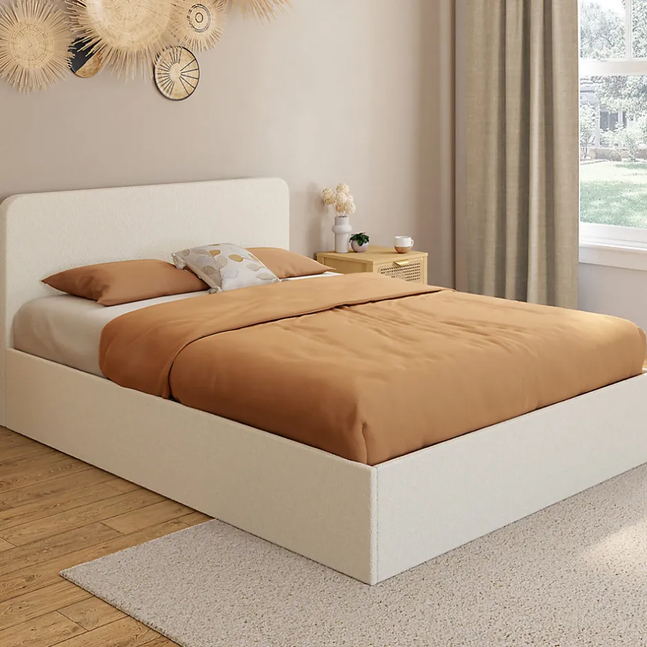 IDMarket Lit coffre double BRADFORD avec tête de lit et sommier 140 x 190 cm tissu bouclette