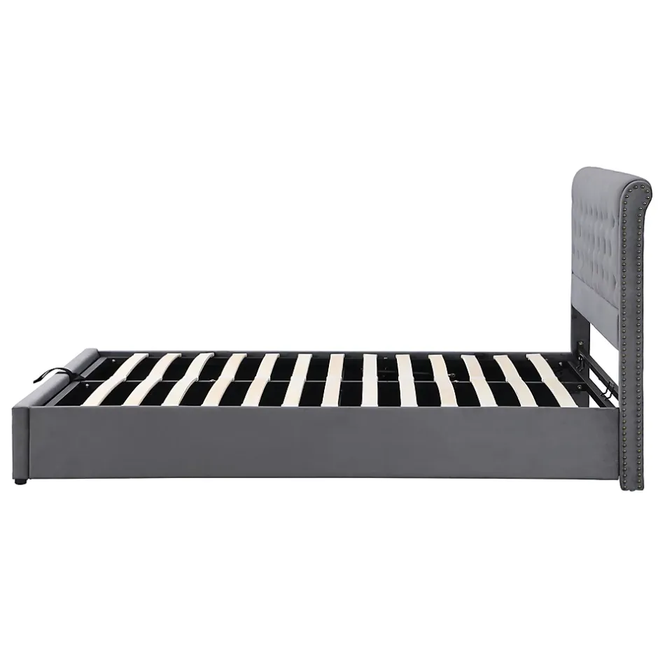 Okwish Lit Coffre Double Capitonné 180x200 cm, Vérin Hydraulique et Grand Espace de Rangement, Sommier Relevable - Gris, Sans Matelas Online