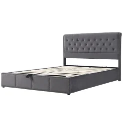 Okwish Lit Coffre Double Capitonné 180x200 cm, Vérin Hydraulique et Grand Espace de Rangement, Sommier Relevable - Gris, Sans Matelas Online
