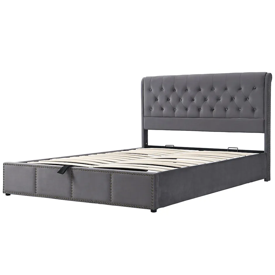 Okwish Lit Coffre Double Capitonné 180x200 cm, Vérin Hydraulique et Grand Espace de Rangement, Sommier Relevable - Gris, Sans Matelas Online
