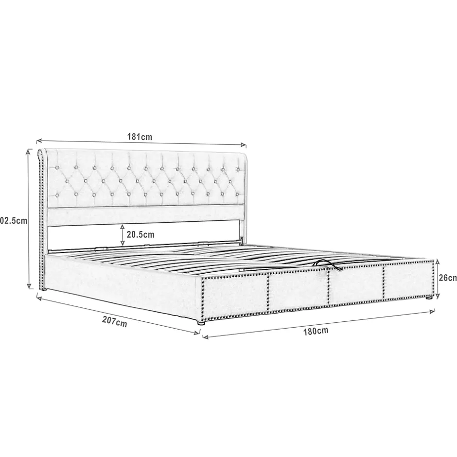 Okwish Lit Coffre Double Capitonné 180x200 cm, Vérin Hydraulique et Grand Espace de Rangement, Sommier Relevable - Gris, Sans Matelas Online