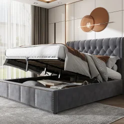 Okwish Lit Coffre Double Capitonné 180x200 cm, Vérin Hydraulique et Grand Espace de Rangement, Sommier Relevable - Gris, Sans Matelas Online