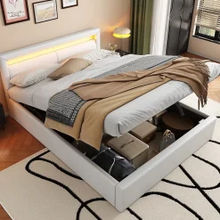 Okwish Lit Coffre Double Capitonnée 140x190 cm , avec LED, Éclairage Réglable, Rangement Sous Le Lit, PU et Bois Blanc, Sans Matelas Discount