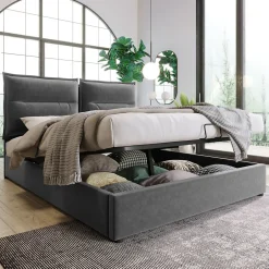 Okwish Lit Coffre Double Capitonné 140x200 cm - avec Coffre Hydraulique et Tête de Lit Ajustable, Velours Gris, Matelas Inclus