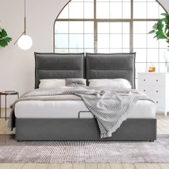Okwish Lit Coffre Double Capitonné 140x200 cm - avec Coffre Hydraulique et Tête de Lit Ajustable, Velours Gris, Matelas Inclus