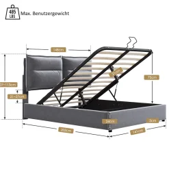 Okwish Lit Coffre Double Capitonné 140x200 cm - avec Coffre Hydraulique et Tête de Lit Ajustable, Velours Gris, Matelas Inclus