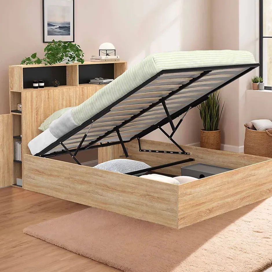 IDMarket Lit coffre double CLYDE avec tête de lit + rangements et sommier 140 x 190 cm façon hêtre et noir Best
